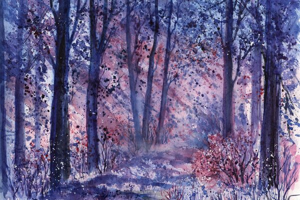 Watercolor landscape. The Mysterious Forest