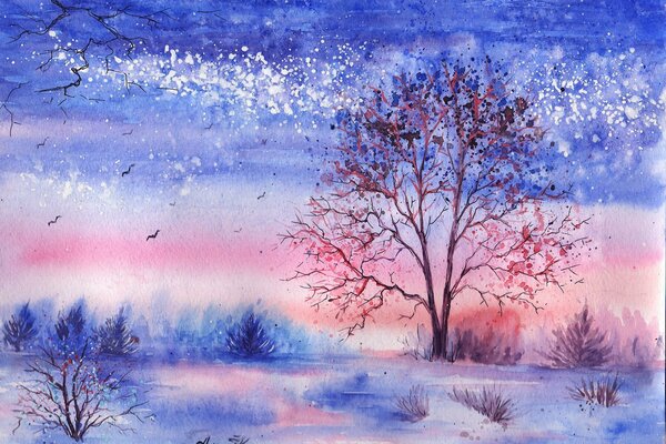 Winter landscape painted in watercolor