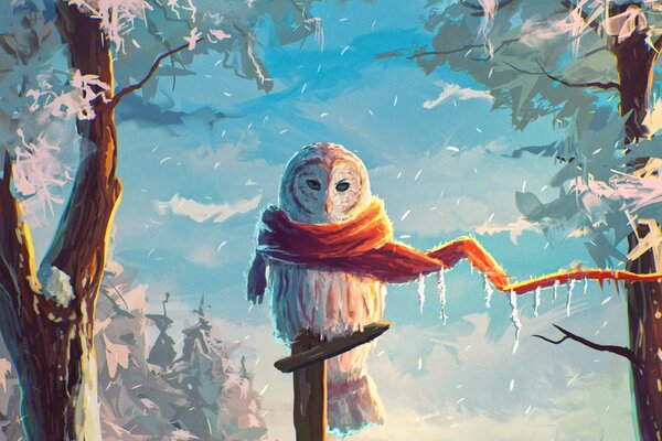 An owl wrapped in a scarf sits on a snowy branch