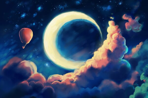 Сказочное изображение, луна в розовых облаках, летящий воздушный шар