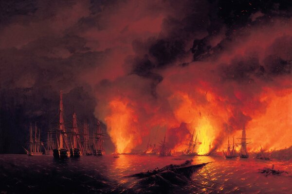 Pintura Aivazovsky-batalla en barcos