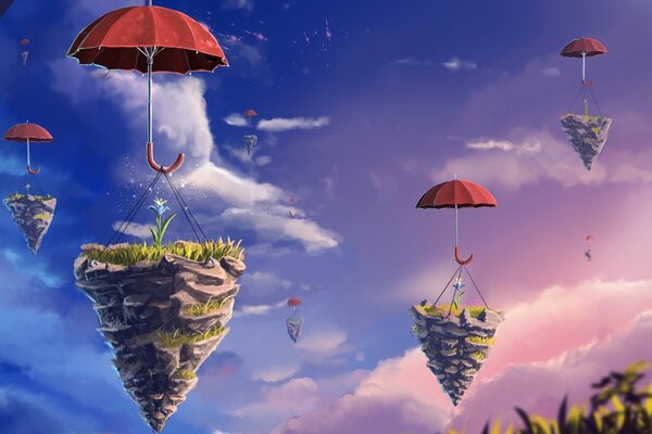 Small islands flying on umbrellas among the clouds