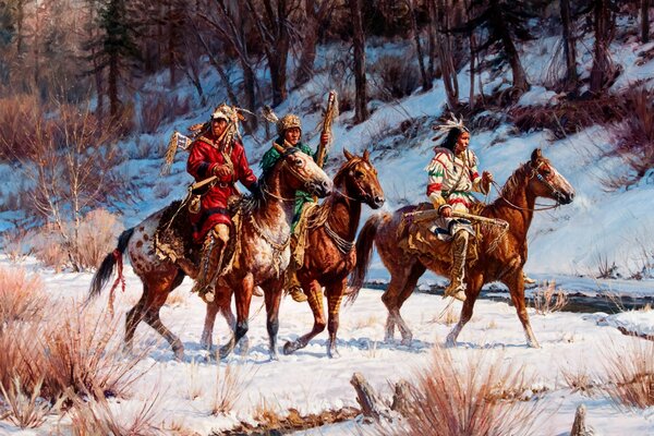 Winter landscape Indians on horseback