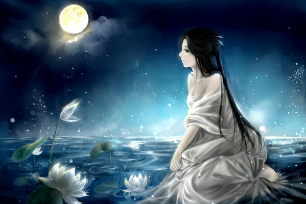 Japanese girl in water lilies under the moon