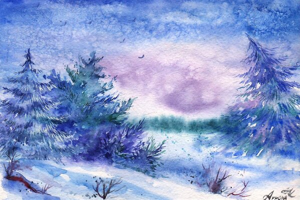 Winter landscape painted in watercolor on canvas