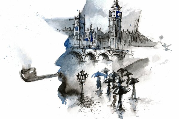 Ilustración de Londres lluvioso con vidos en el Big Ben