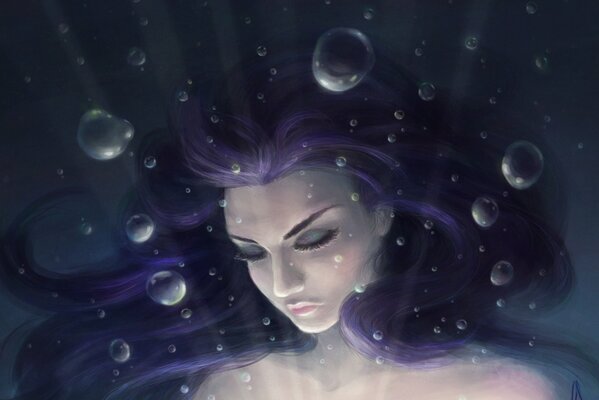 Fille sous l eau avec des cheveux violets