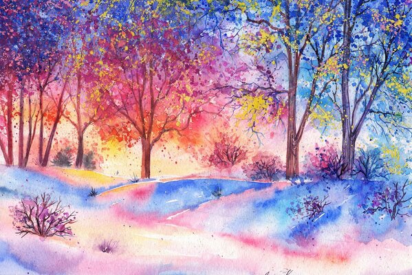 Landscape watercolor forest with flowering trees