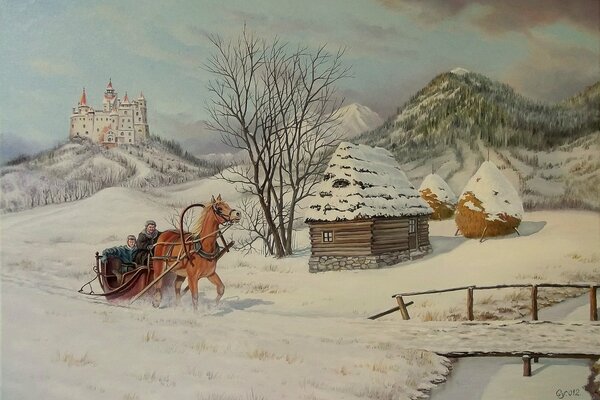 Sleigh with horse in winter rustic landscape