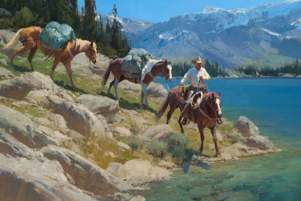 Cow-Boy et cheval sur fond de paysage de montagne