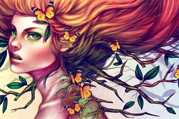 Sztuka dziewczyny z gałęziami drzew i motylami na włosach