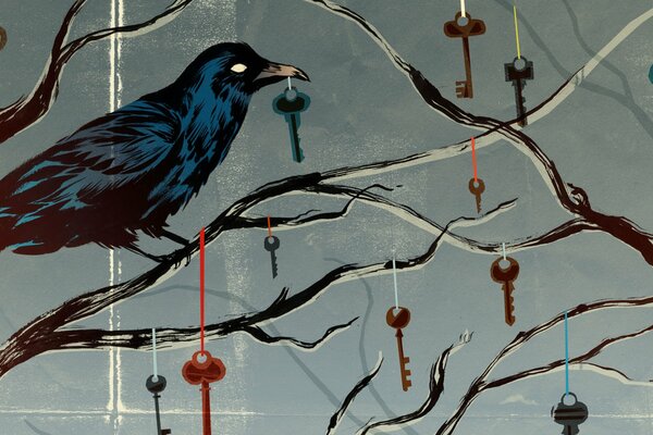 A crow on a tree with keys in its beak