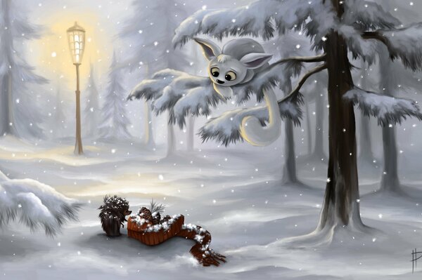 Cartoon animals in the winter forest