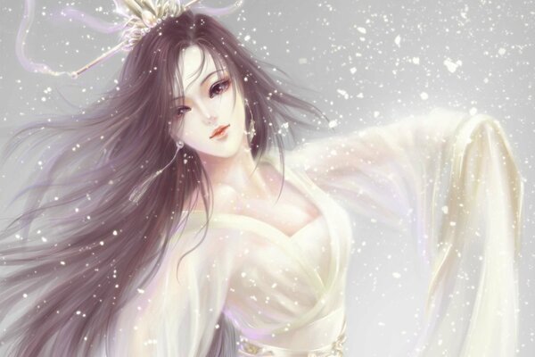 A girl in a gorgeous dress dancing under the snow