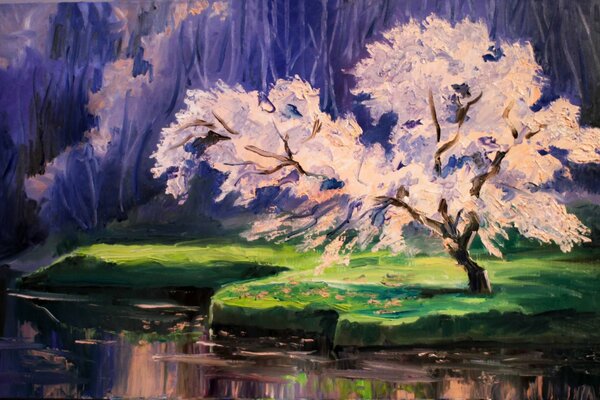 Painting in watercolor. Sakura on the lake shore