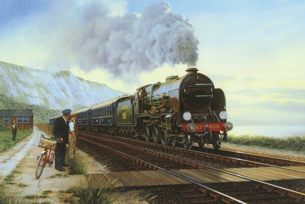 Painted canvas depicting a steam locomotive in the mountains