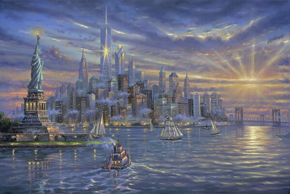 Paysage urbain, Amérique, statue de la liberté, océan, navires, gratte-ciel