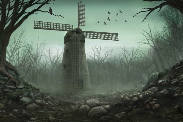 Un dipinto Gotico iperrealistico raffigurante un mulino a vento in una foresta cupa con fogliame volante, un corvo seduto su un ramo, molti altri volano sullo sfondo