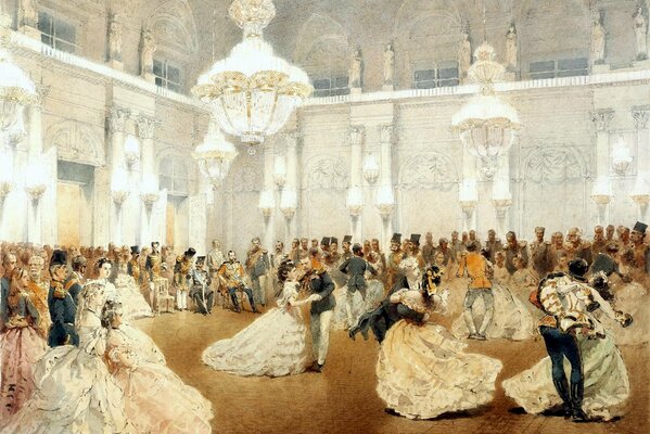 A painted picture of the ball. Dancing couples in the middle of the ballroom