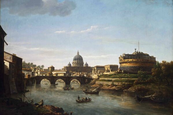 Картина части города с мостом через реку по которой плывут люди на лодках
