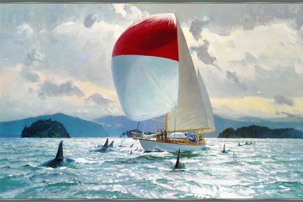 Sailboat among killer whales at sea. Seascape