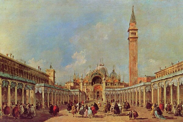 Painting by Francesco guardi. People walk on the square