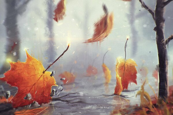 Falling autumn leaves on a puddle