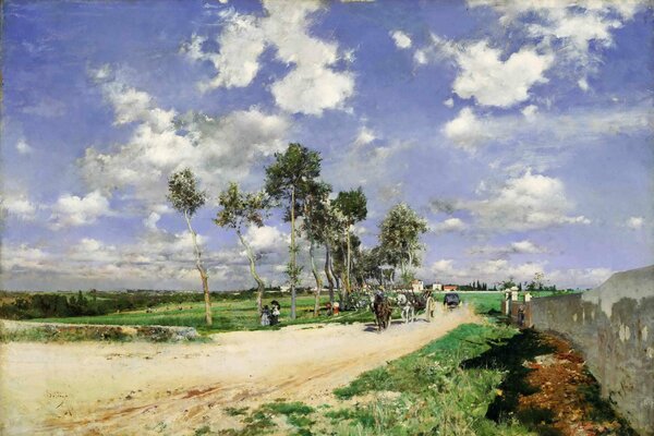 Tableau de Giovanni Boldini. Les chevaux marchent sur la route de campagne