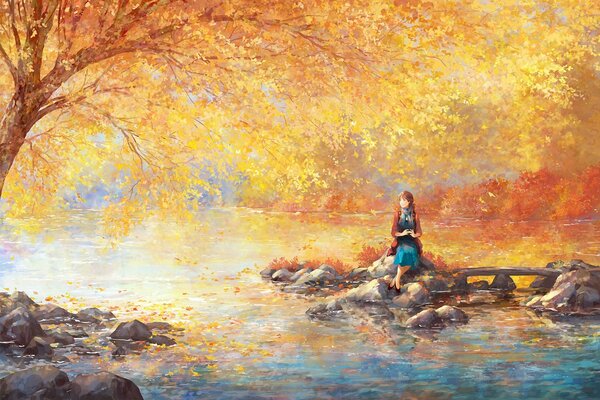 A girl on the rocks by a calm river