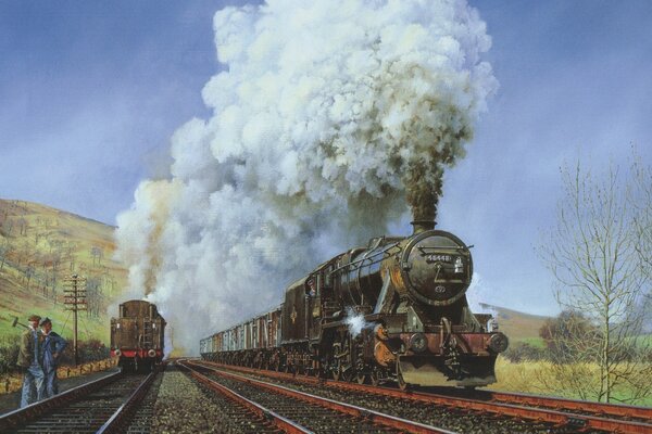 Steam locomotive in motion with smoke from the chimney