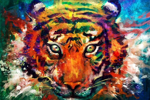 An art painting in the form of a multicolored tiger with a mesmerized look