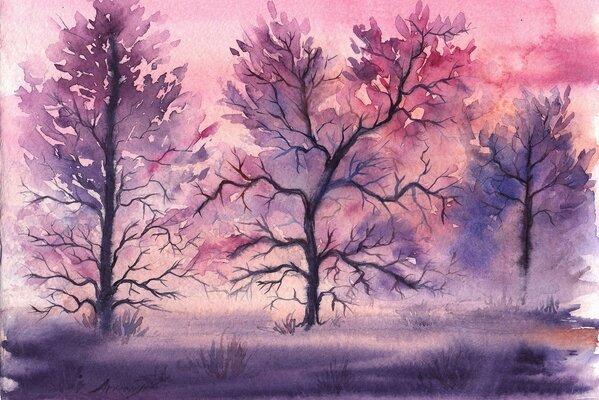 Paysage aquarelle. Arbres violets et herbe