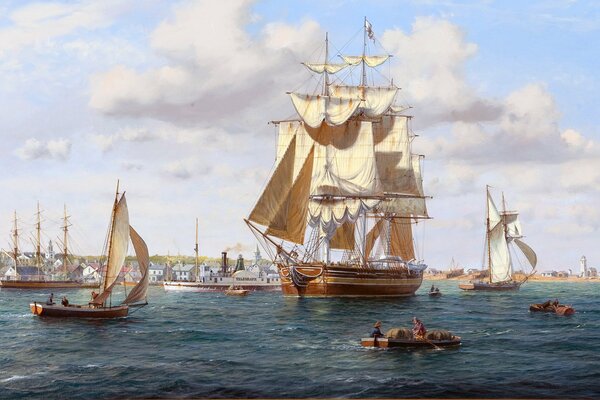 Bild des Schiffes und der Boote, die in die Stadt folgen