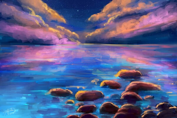 The night sky and the seashore with stones