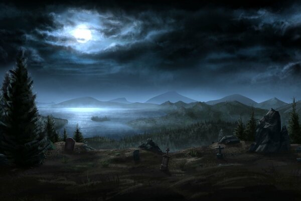 Andrey painted a landscape at the cemetery at night