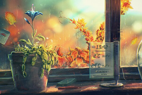 Art of a pot with a flower on the windowsill with a thermometer