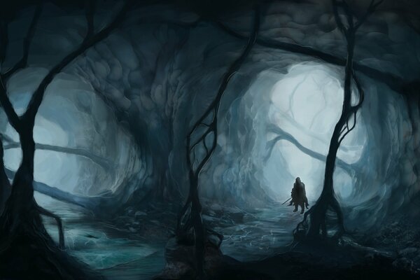 Fabulous misty forest. The confrontation of the rider and the mysterious nature