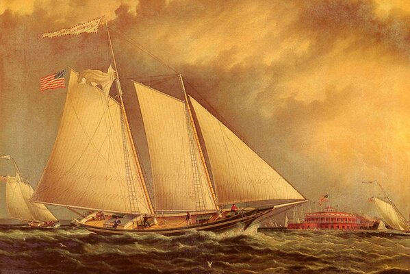 Peinture d un voilier dans une mer agitée