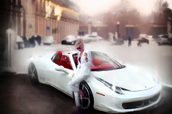 Fille en blanc à blanc Ferrari