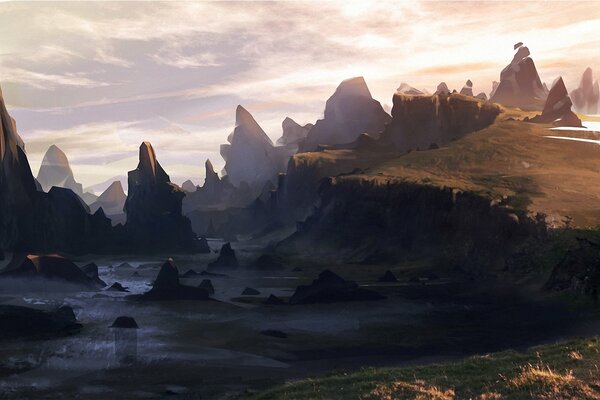 A bleak mountainous area with rocks and a pond