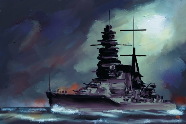 Obraz japońskiej floty na morzu pod ciemnym niebem
