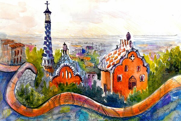 The image of a watercolor drawing of the city