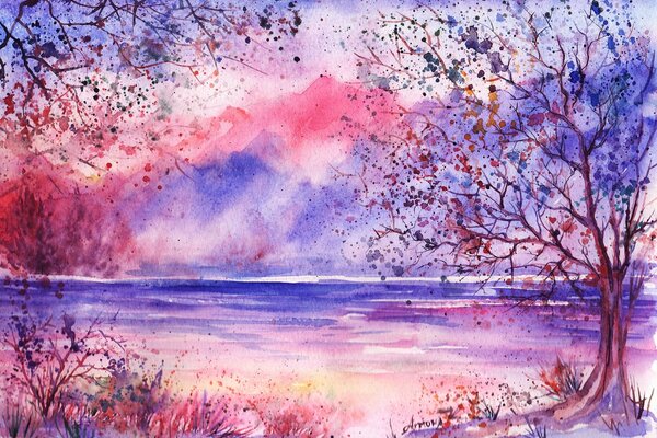 Watercolor landscape of an autumn river near a forest, all in pink and purple