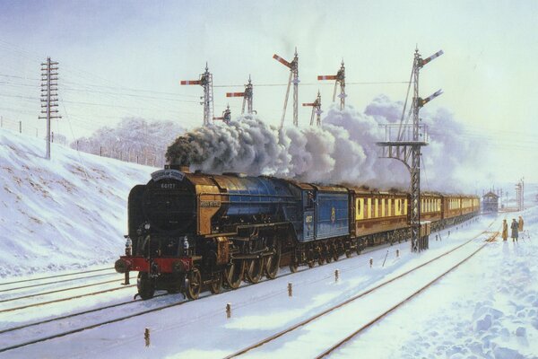 Paisaje de invierno locomotora de vapor en movimiento