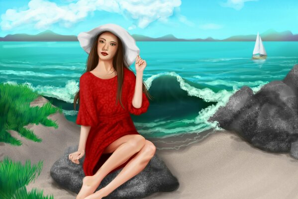 A girl in a red dress sitting on the seashore