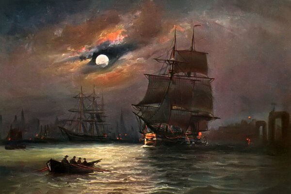 Прекрасная картина, все в ней красиво. Ночное небо и лодка с парусами