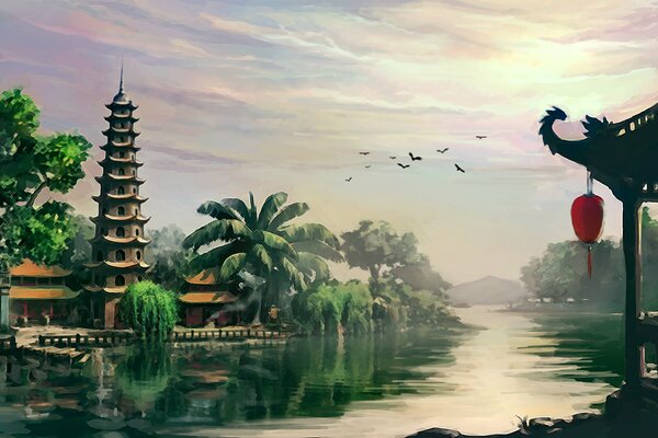 Храм у реки , пейзаж во Вьетнам