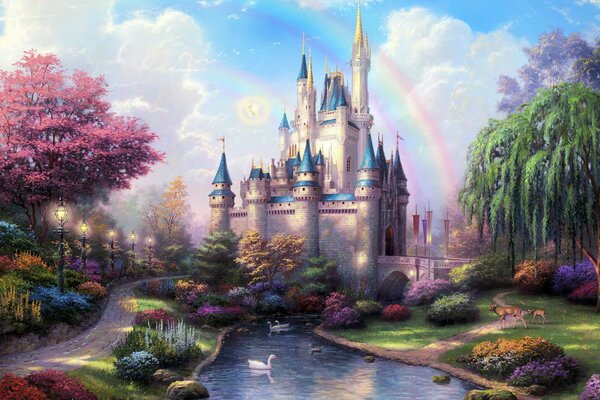 Сказочный замок окружённый радугой и ярким пейзажем