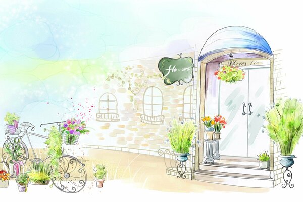 Delicate drawing. Flower shop. Watercolour