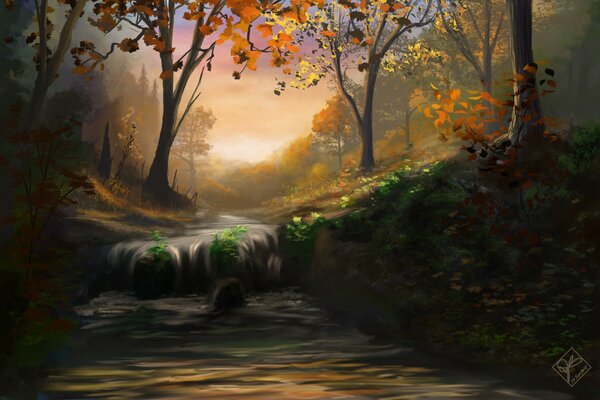 Autumn landscape, deciduous, yellowed forest, waterfall flows into the river